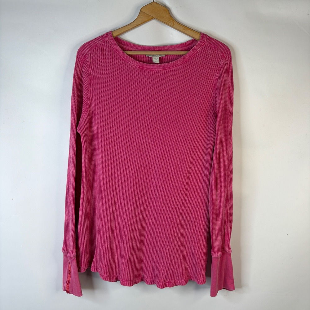 Coldwater Creek Thermal Top Women L Pink Waffle Knit Heart Button Casual